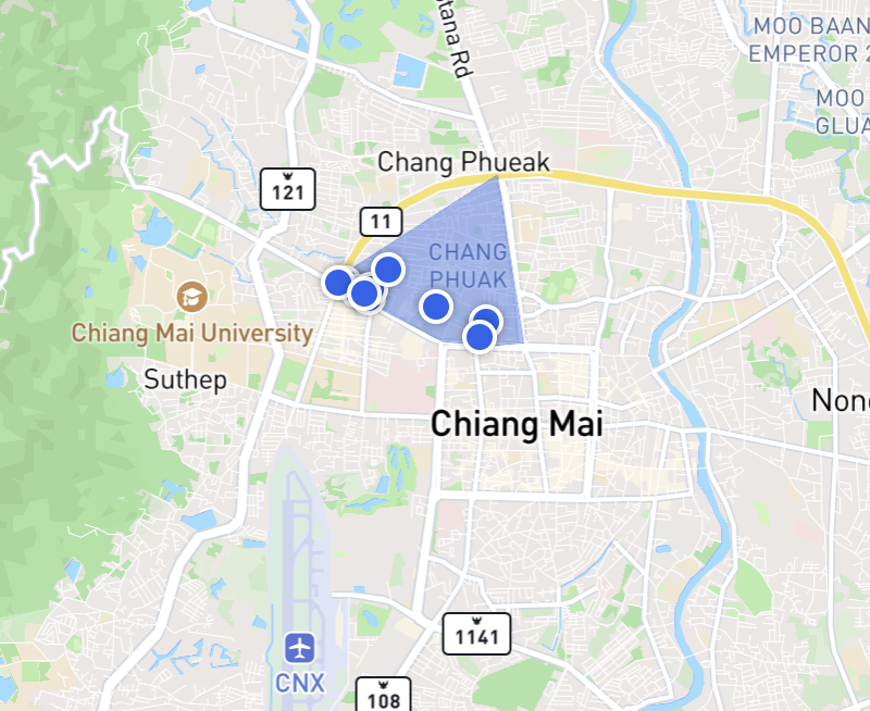 Interactive map of Chiang Mai showing custom area selection feature
